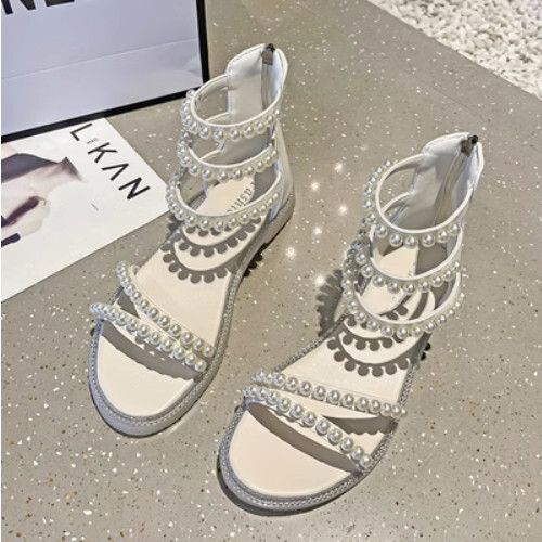 珍珠露趾高幫涼鞋（米白色35-40碼）（下單后聯繫客服確認發貨尺碼）#F055002791