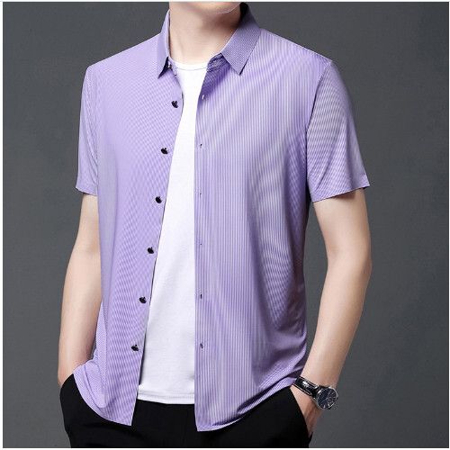 男士條紋短袖襯衫（紫細條M-4XL碼）（下單後聯繫客服確認發貨尺碼）#S055008283