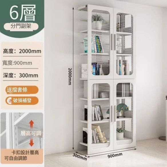 多功能鋼木書架/書櫃 防塵置物架 儲物櫃【2米高白色門側板櫻花粉6層副架/2000*900*300】#H158040099