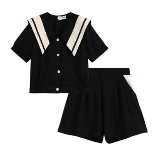 撞色短袖+短褲套裝【黑色】【L-4XL碼】（下單後請聯絡客服確認發貨尺碼）#K011004309