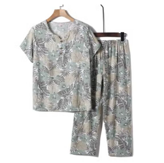 夏季中老年綿綢套裝（綠色葉子）【尺碼：XL-4XL】【下單後聯絡客服確認發貨尺碼】F203013060