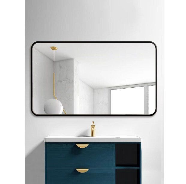 浴室鏡 免打孔長方形牆鏡 化妝鏡(黑色-橫裝 700*900mm)