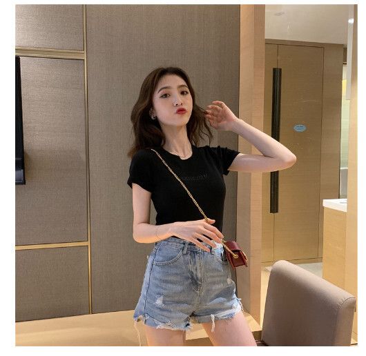 韓版字母刺繡修身短袖T【黑色】尺碼【M碼-2XL碼】【下單後聯絡客服確認發貨尺碼】#F128014631