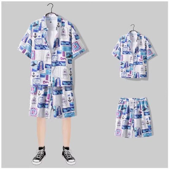 男士沙灘裝冰絲短袖花襯衫套裝【2101白色 一套】(尺碼：M-3XL）【下單後請聯絡客服確認發貨尺碼】#S158036023
