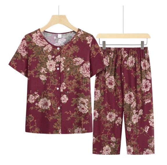 夏季中老年綿綢套裝（棗紅）【尺碼：XL-4XL】【下單後聯絡客服確認發貨尺碼】F203013274