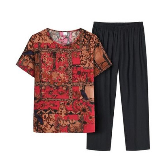 夏季中老年兩件套套裝（楓葉綜）【尺碼：XL-4XL】【下單後聯絡客服確認發貨尺碼】F203013055