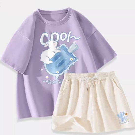純棉短袖t恤兩件套【香芋紫（冰棒兔）+奶白褲】【S-XL碼】（下單後請聯絡客服確認發貨尺碼）#K011002553