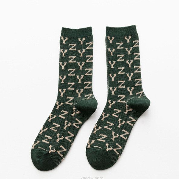 【3對裝】復古中筒襪秋冬精梳棉（綠色Y字）