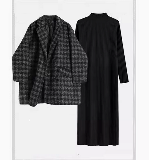 秋裝毛呢大衣套裝（灰色外套+針織連衣裙S-XL）（下單後聯絡客服確認發貨尺碼）#F350001233