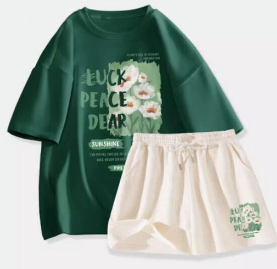 運動兩件套【墨綠色（清風花）+奶白褲】【S-XL碼】（下單後請聯絡客服確認發貨尺碼）
