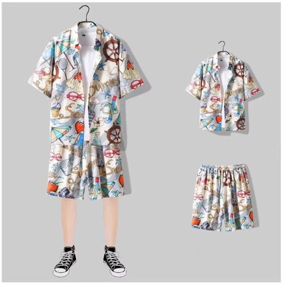 男士沙灘裝冰絲短袖花襯衫套裝【2102杏色 一套】(尺碼：M-3XL）【下單後請聯絡客服確認發貨尺碼】#S158036024
