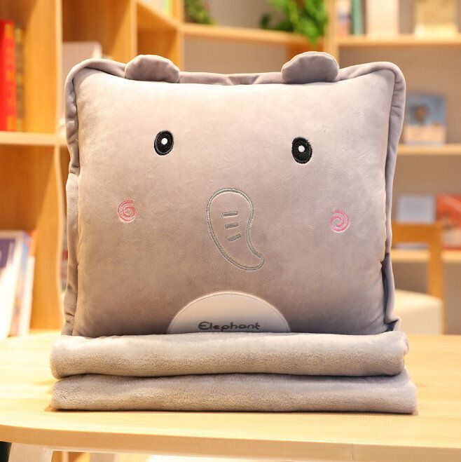 兩用創意卡通抱枕靠枕(灰大象 可插手抱枕帶毯1.7*1M)
