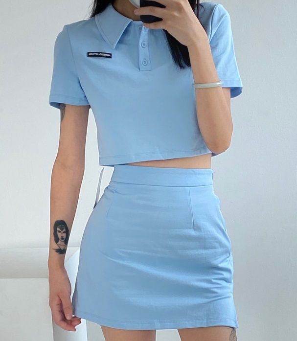 短裙T卹兩件套裝(藍色)(S-L碼)(下單後聯絡客服確認發貨尺碼)