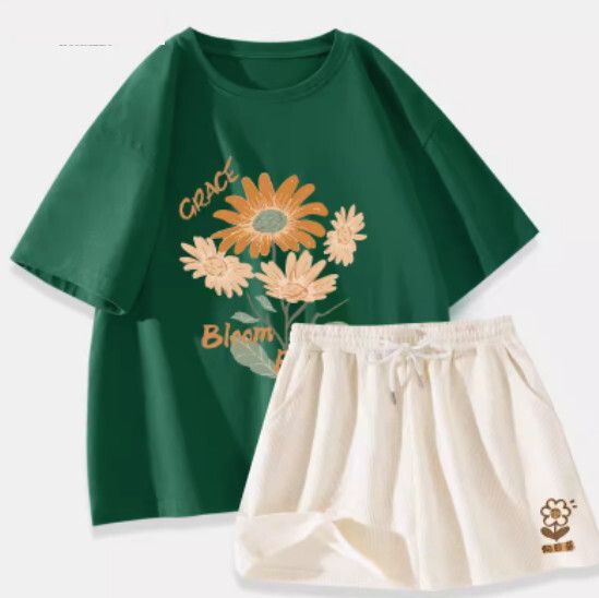 純棉短袖t恤兩件套【墨綠色（向日花束）+奶白褲】【S-XL碼】（下單後請聯絡客服確認發貨尺碼）#K011002568