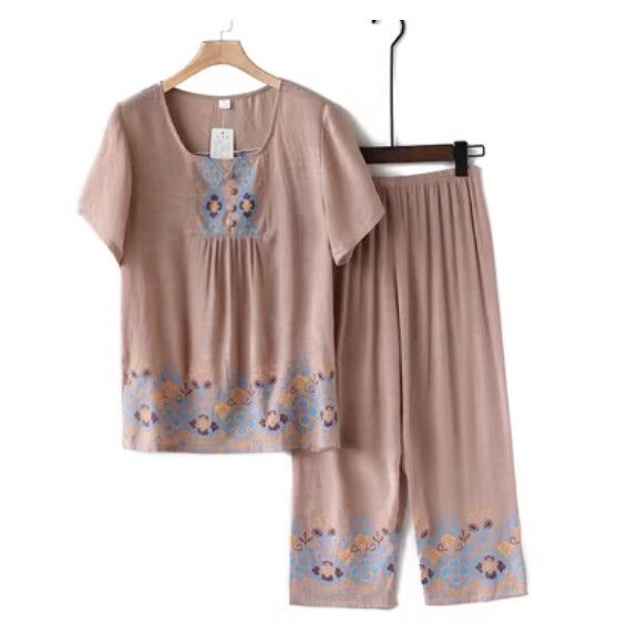 夏季中老年棉麻套裝（A款駝色）【尺碼：XL-4XL】【下單後聯絡客服確認發貨尺碼】F203013015