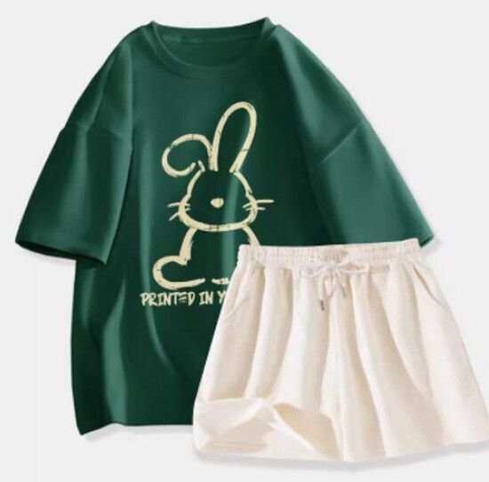 運動兩件套【墨綠色（鏤空兔）+奶白褲】【S-XL碼】（下單後請聯絡客服確認發貨尺碼）