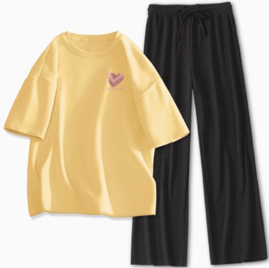 冰絲褲休閒兩件套【鵝黃色（淩亂愛心）+黑褲】【S-XL碼】（下單後請聯絡客服確認發貨尺碼）#K011002493