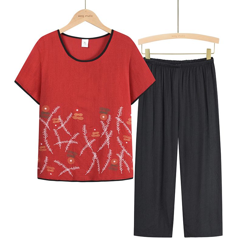 中老年媽媽短袖套裝(XL-4XL碼 磚紅色）【下單後請聯絡客服確認發貨尺碼】F001099431