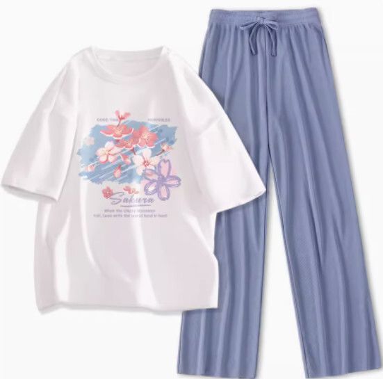 寬鬆短袖長褲兩件套【白色（塗雅櫻花）+藍褲】【S-XL碼】（下單後請聯絡客服確認發貨尺碼）#K011002498
