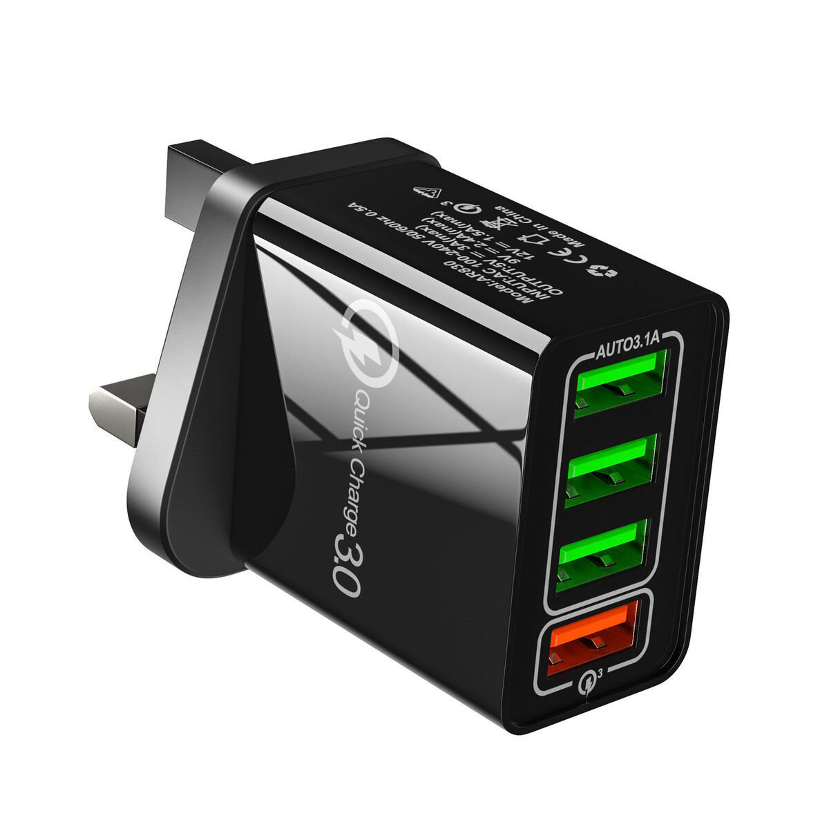 UK standard 3.0 fast charging USB plug 4 socket charger 3.1A (Black)