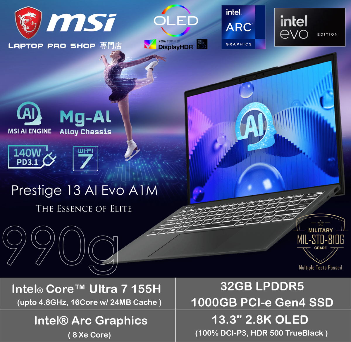 MSI | [輕巧纖薄990g] Prestige 13 AI Evo A1M ( Ultra 7 155H/ 32GB