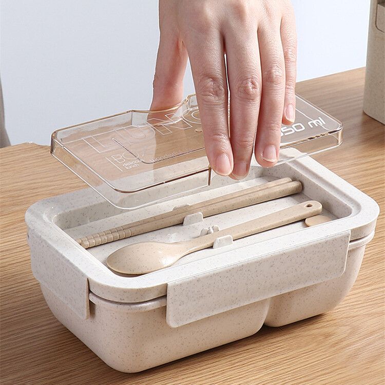 Japanese-style wheat straw lunch box student portable lunch box set can be heated by microwave oven