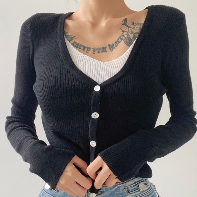 假兩件長袖V領針織開衫(黑色)(S/M碼)(下單後聯絡客服確認發貨尺碼)#K004003267