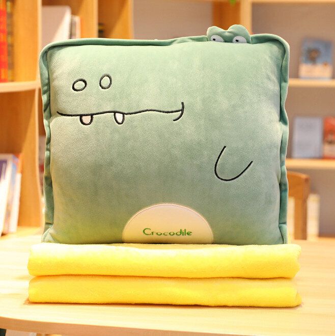 兩用創意卡通抱枕靠枕(綠鱷魚 可插手抱枕帶毯1.7*1M)