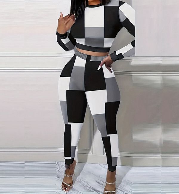秋季短款長袖套裝-女性露臍上衣+長褲休閑-兩件套(黑白灰)(S-XL碼)(下單後聯絡客服確認尺碼)#F105035699