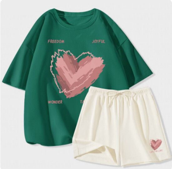 休閒運動套裝【墨綠色（淩亂愛心）+奶白褲】【S-2XL碼】（下單後請聯絡客服確認發貨尺碼）