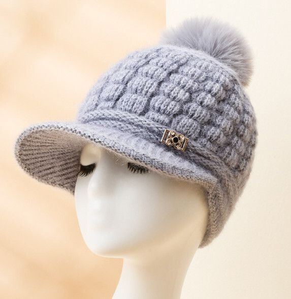 時尚加絨毛球針織護耳帽毛線帽【灰色】【均碼】#S158033325