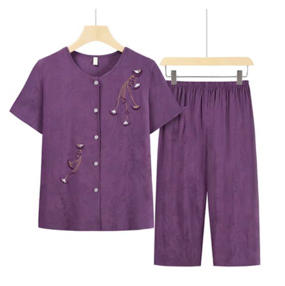 夏季中老年綿綢套裝（淺紫色）【尺碼：XL-4XL】【下單後聯絡客服確認發貨尺碼】F203013239