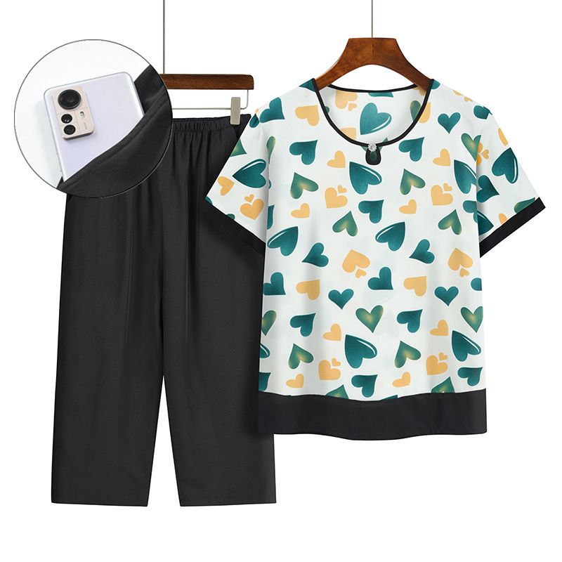 中老年媽媽短袖套裝(XL-4XL碼 藍白色）【下單後請聯絡客服確認發貨尺碼】F001099344