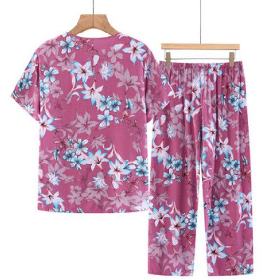 夏季中老年兩件套套裝（粉紅花朵）【尺碼：XL-5XL】【下單後聯絡客服確認發貨尺碼】F203013174