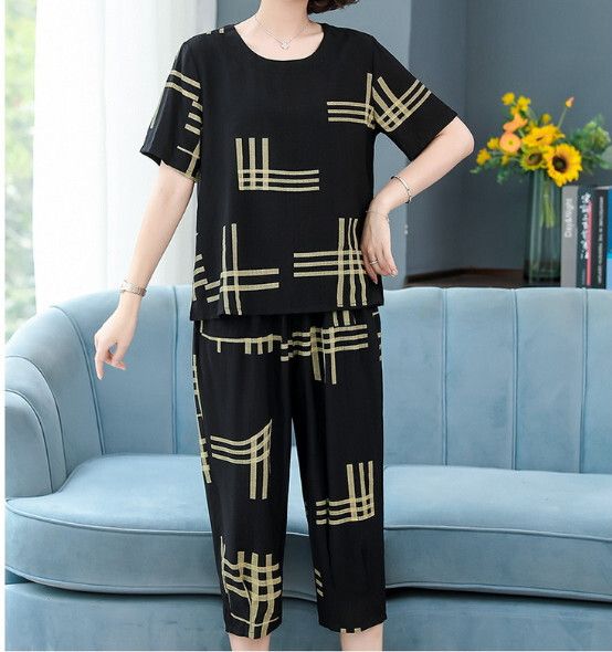 中年媽媽時尚套裝【黑色】 (尺碼：XL-5XL碼) (下單後聯繫客服確認發貨尺碼)#F158027225