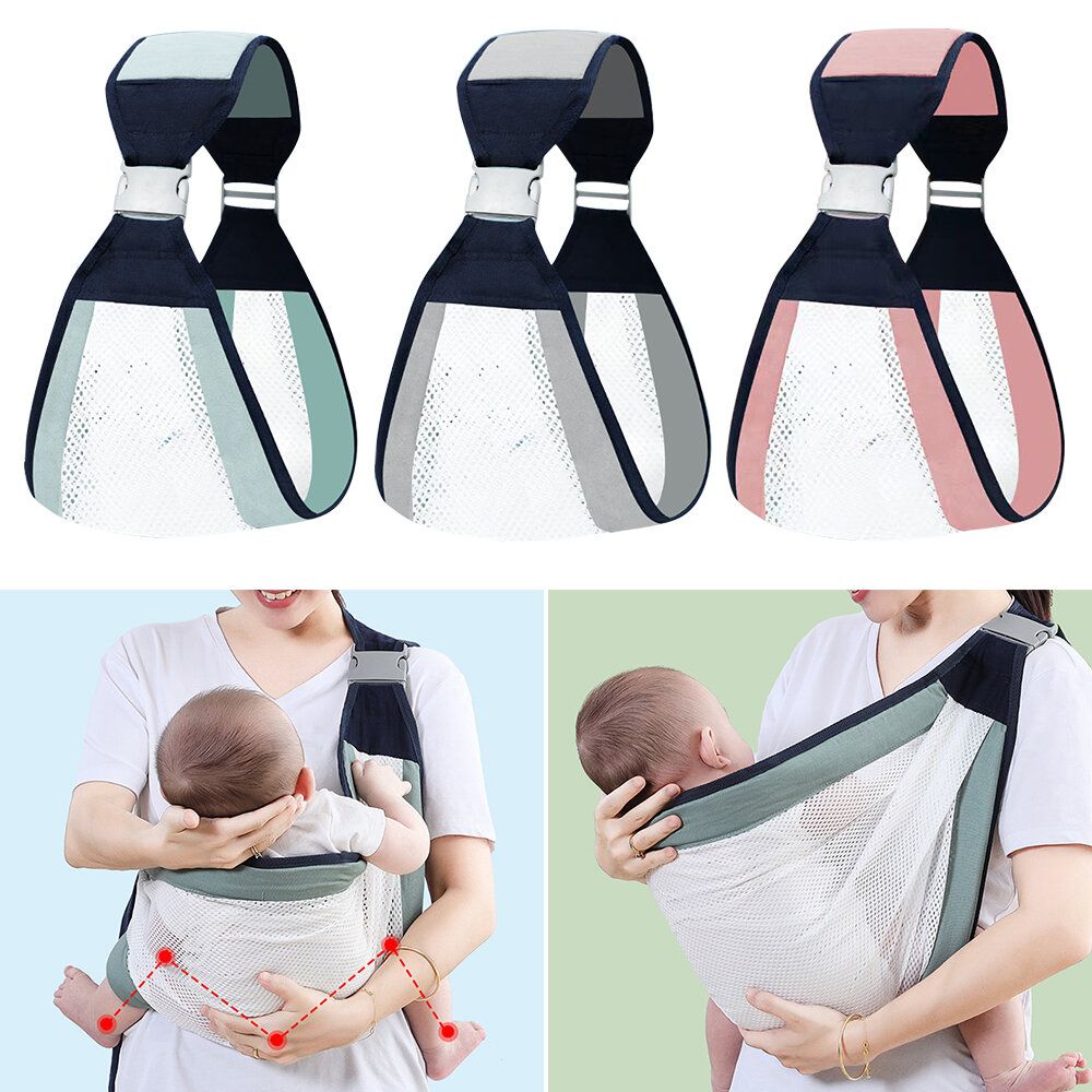 Grey baby sling front hugging baby going out with young children going out simple one-shoulder sling