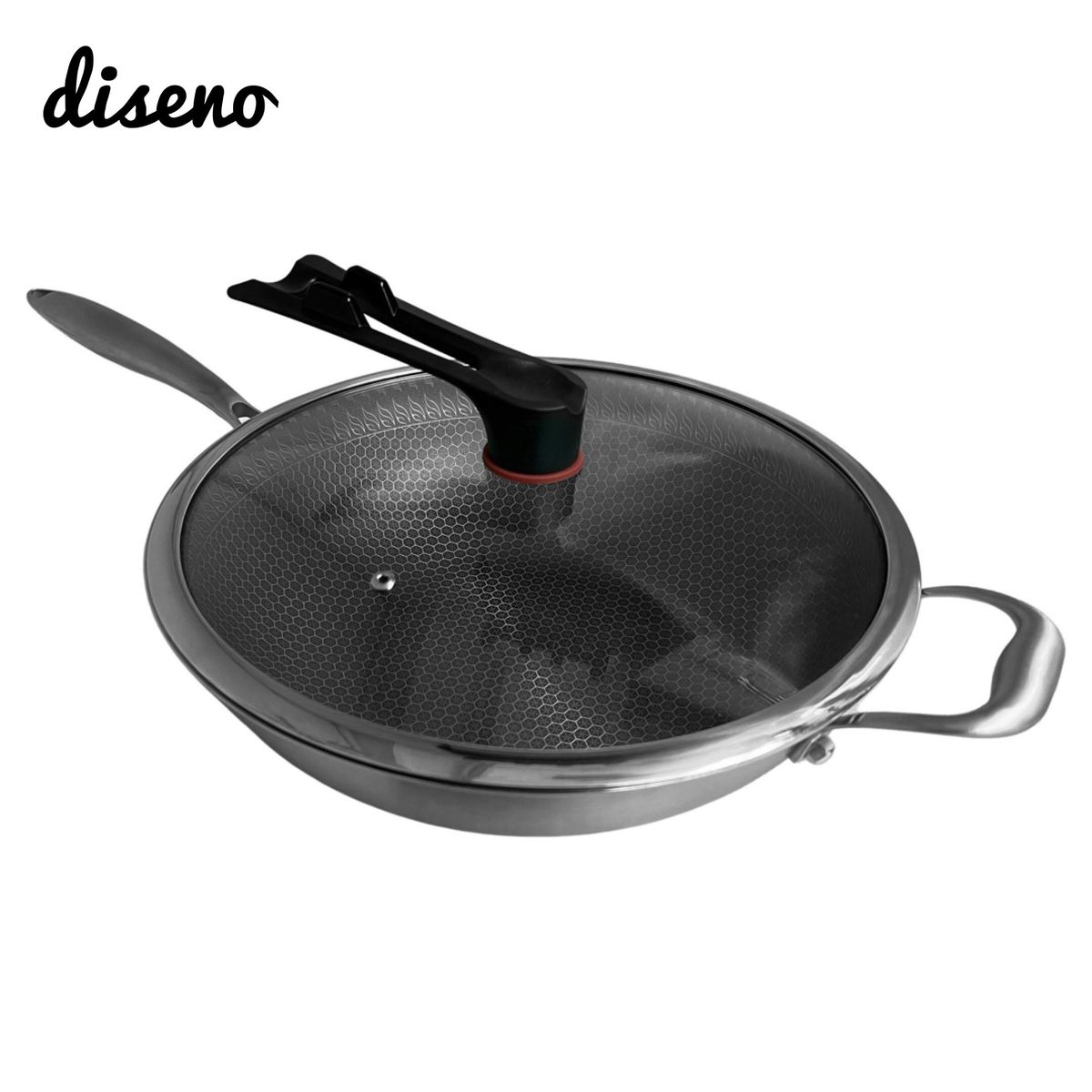 32cm Stainless Steel 3PLY Honey Comb Pattern Non-Stick Wok with Glass Cover