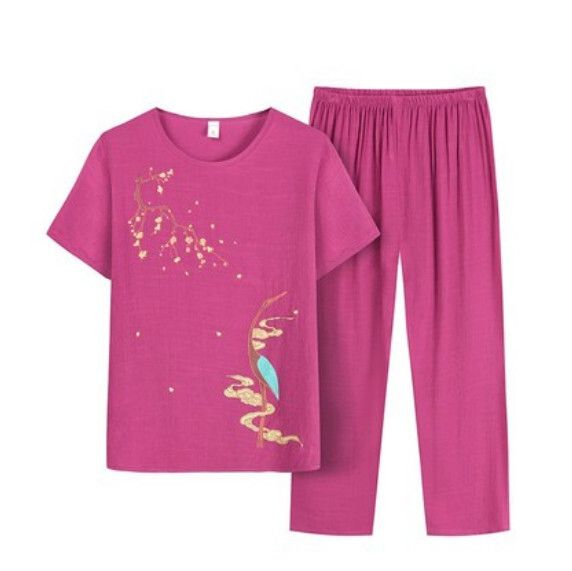 夏季中老年純棉麻套裝（【千鶴】枚紅色）【尺碼：XL-4XL】【下單後聯絡客服確認發貨尺碼】F203013030