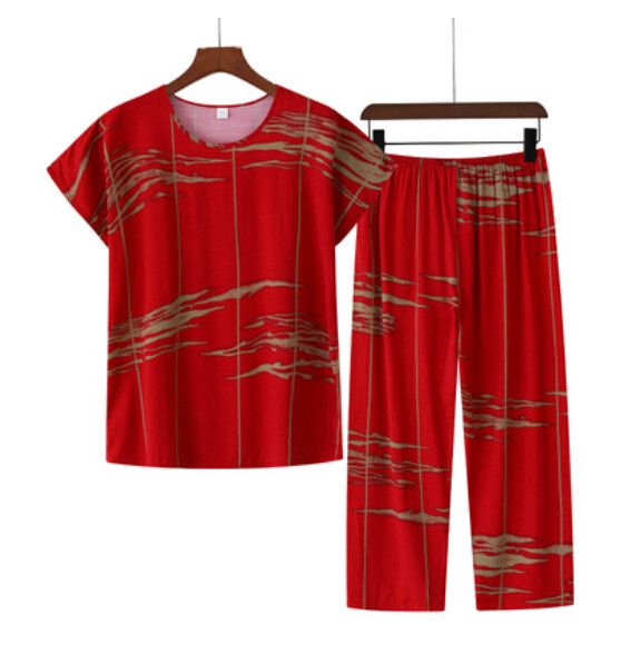 夏季中老年綿綢套裝（紅色）【尺碼：XL-4XL】【下單後聯絡客服確認發貨尺碼】F203013038
