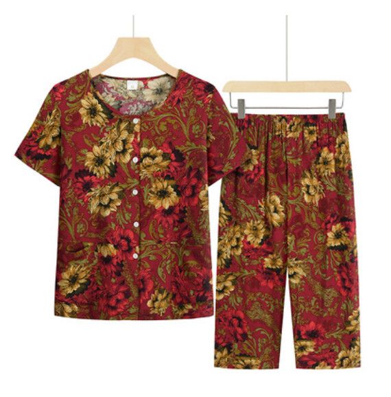 夏季中老年套裝（棗紅大花）【尺碼：XL-4XL】【下單後聯絡客服確認發貨尺碼】F203013339