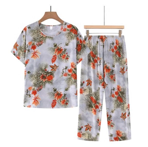 夏季中老年棉麻套裝（白色楓葉）【尺碼：XL-4XL】【下單後聯絡客服確認發貨尺碼】F20301320