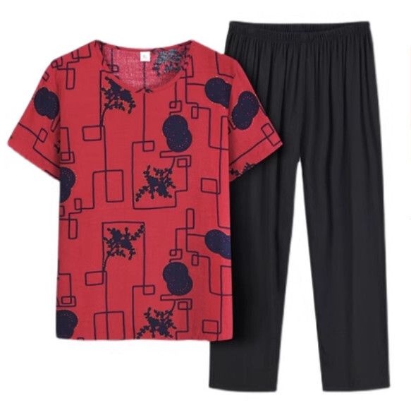夏季中老年兩件套套裝（格子棗紅色）【尺碼：XL-4XL】【下單後聯絡客服確認發貨尺碼】F203013054
