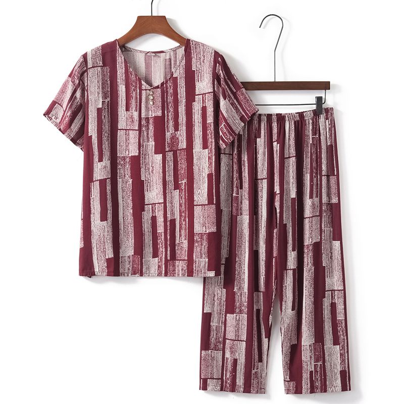 老年人短袖套裝( XL-4XL碼 紅色豎格）【下單後請聯絡客服確認發貨尺碼】F001099122