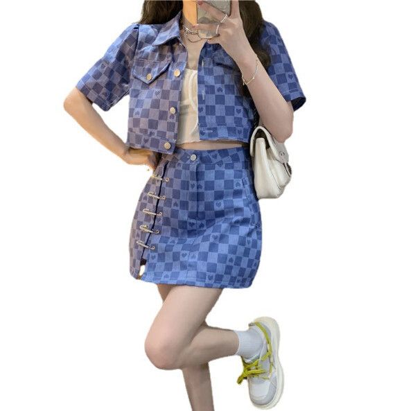 小香風短款短袖套裝【藍色】 (尺碼：S-XL碼) (下單後聯繫客服確認發貨尺碼)#F158027113