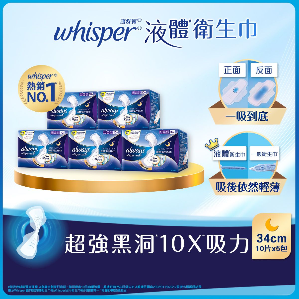 [5包優惠裝] Infinity液體衛生巾/m巾 - 夜用34cm 10片x5 (超強黑洞吸力 吸後依然輕薄)