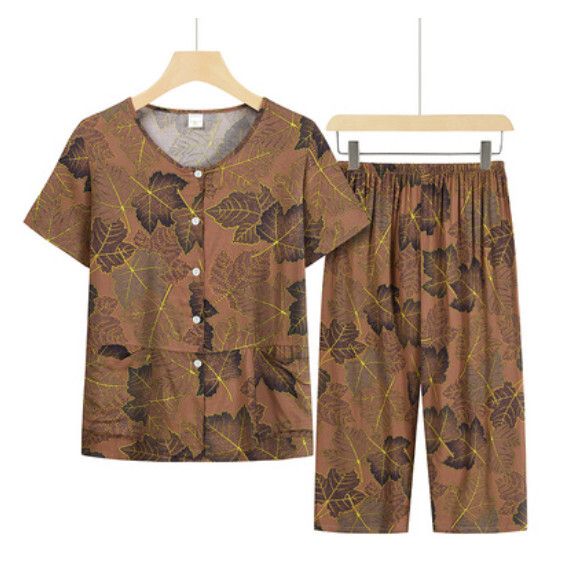 夏季中老年套裝（咖棕葉子）【尺碼：XL-4XL】【下單後聯絡客服確認發貨尺碼】F203013334