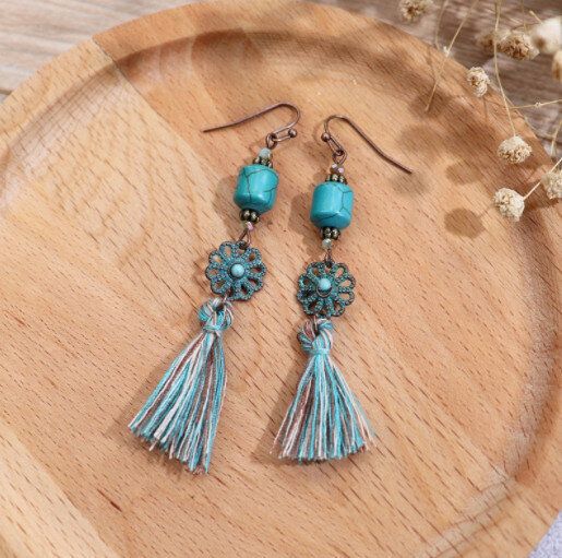 氣質度假流蘇耳飾（藍綠-27-松石花流蘇）