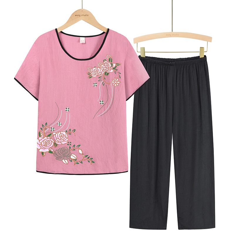 中老年媽媽短袖套裝(XL-4XL碼 粉色）【下單後請聯絡客服確認發貨尺碼】F001099448