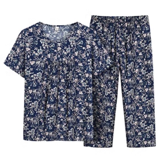 夏季中老年綿綢套裝（柳葉碎花）【尺碼：XL-4XL】【下單後聯絡客服確認發貨尺碼】F203013160