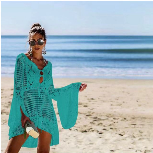 針織罩衫收腰鏤空比基尼沙灘防曬服（湖綠色）（均碼）